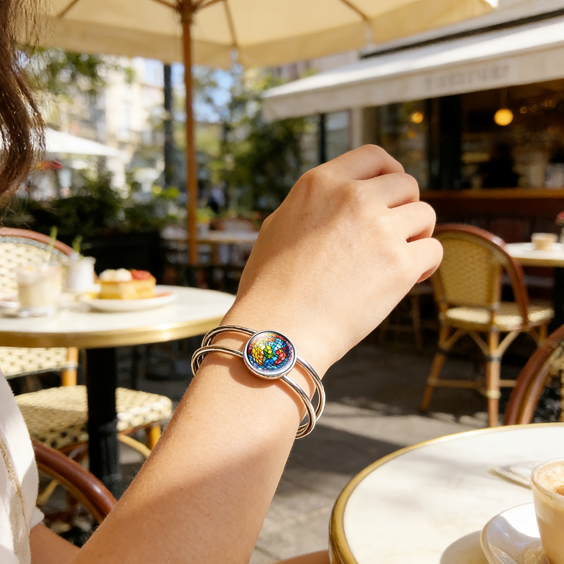 Women's Adjustable Open Bangle with Colorful Stained Glass Design